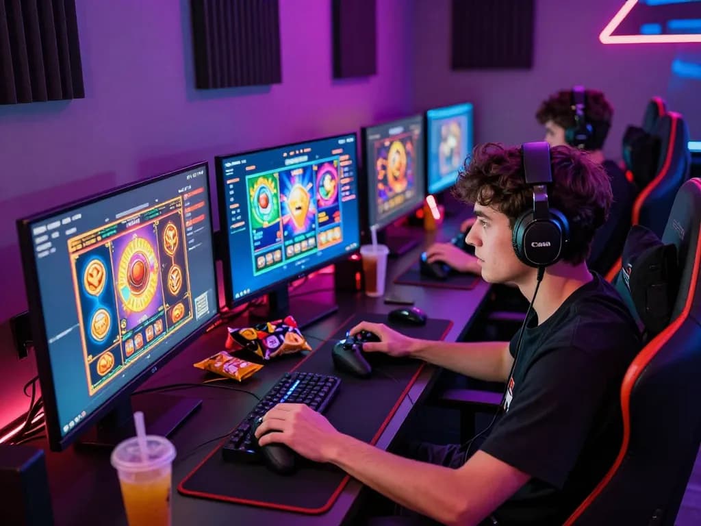 Gamer immersed in tante77 online slot games with vibrant screens and colorful atmosphere.