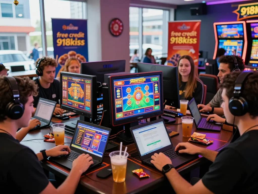Exciting online gaming atmosphere featuring players engaged with free credit 918kiss on their devices, colorful graphics, and a vibrant room.
