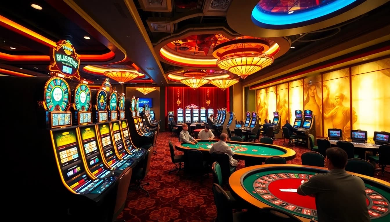 Experience the excitement of bl555 at a luxurious casino with vibrant gaming tables and slot machines.