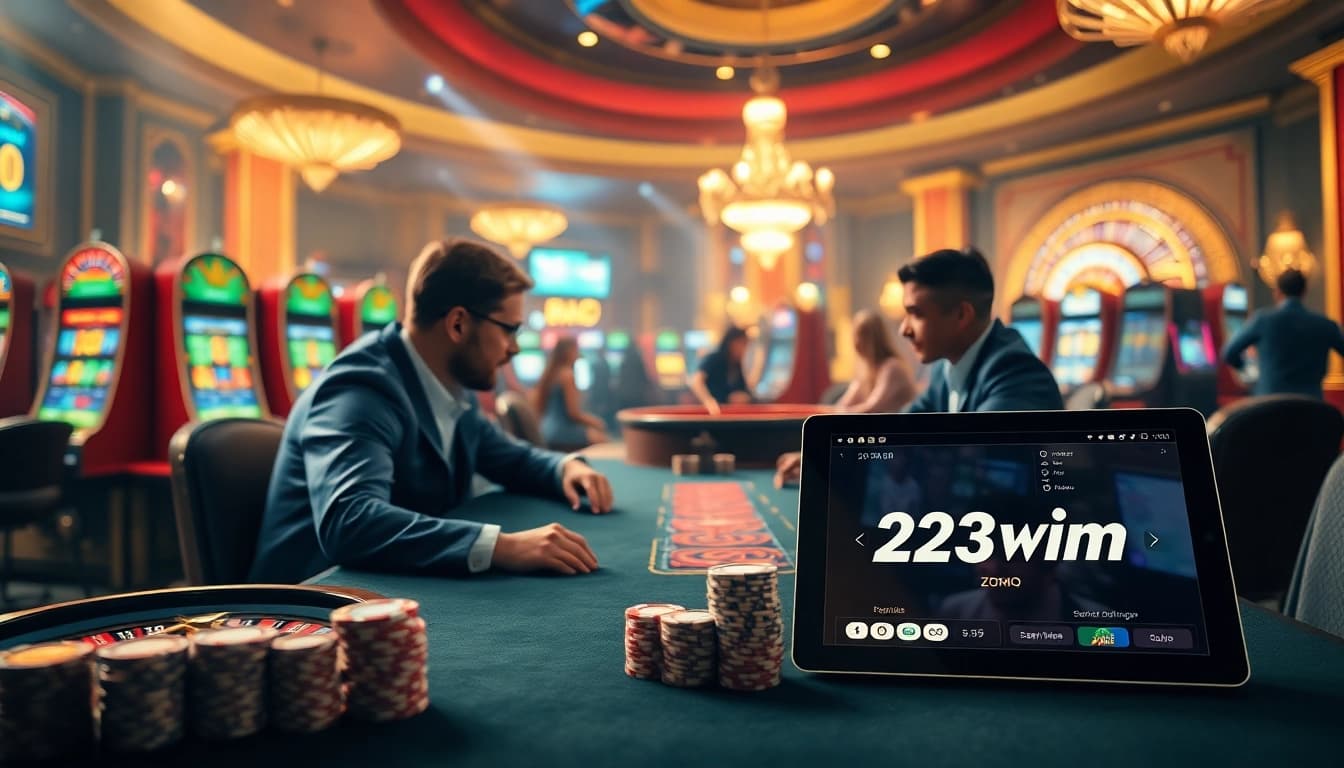 Exciting poker game at 23win .com casino with players, chips, and slot machines.