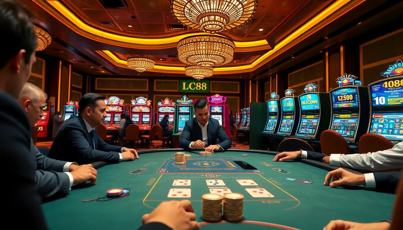 Engaging scene with players at a poker table and LC88 branding, capturing the excitement of casino gambling.