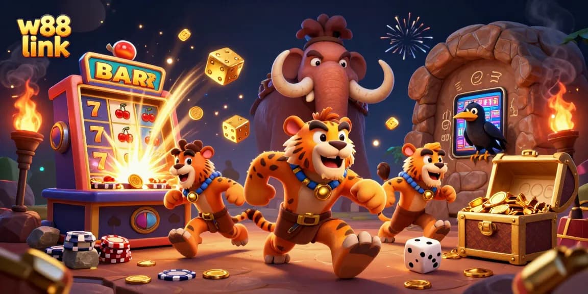Experience the excitement of w88 link with a dynamic prehistoric casino scene bursting with fun!