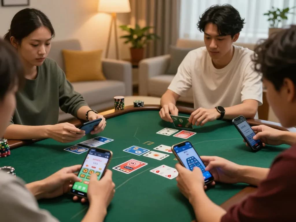 bl555 players engaging in online blackjack strategy on mobile devices in a cozy living room