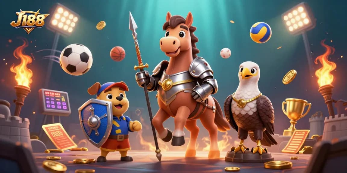Experience thrilling gaming at J188 with a dynamic illustration of knights, sports, and casino elements.
