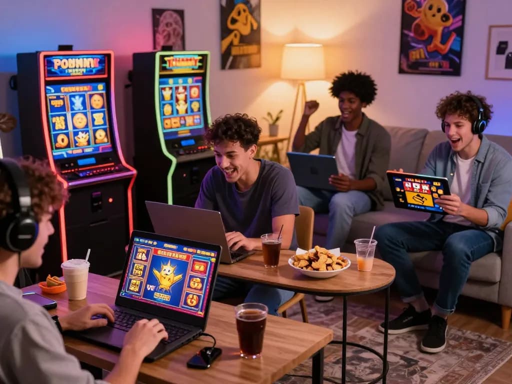 Excited players engaging with Zeus138 online slots in a modern gaming environment, vibrant graphics enhancing the atmosphere.