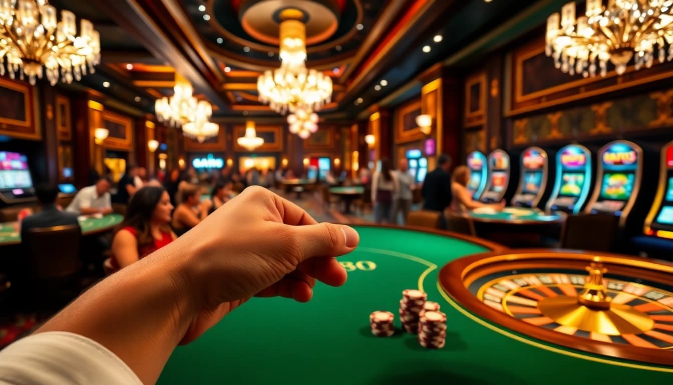 Engage in high-stakes poker at a TG88 themed casino table featuring vibrant chips and a lively atmosphere.