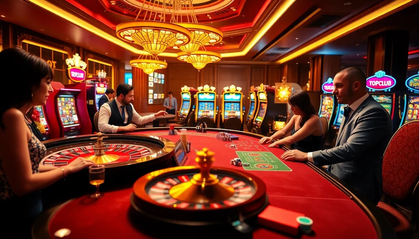 Experience the excitement of topclub with a glamorous casino scene featuring roulette and poker tables.
