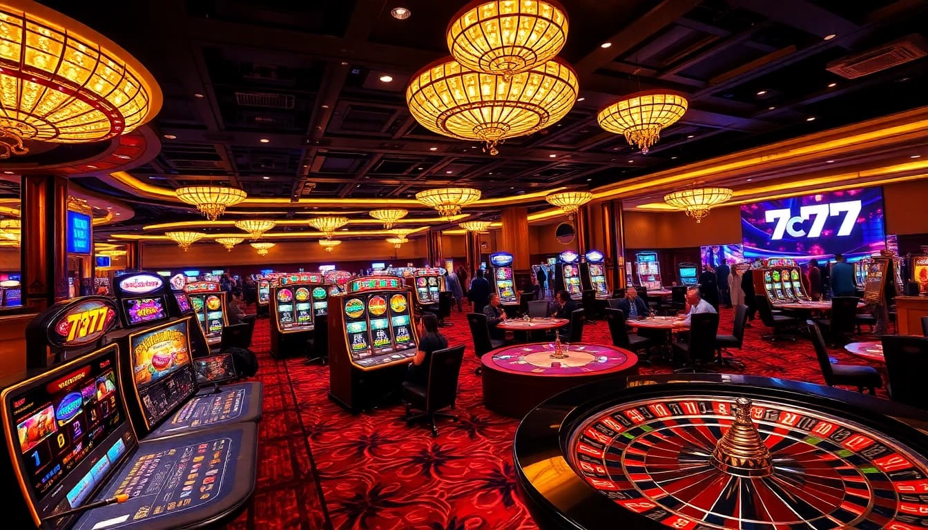 Experience exciting gaming at 7C77 casino with vibrant poker tables and dynamic slot machines.