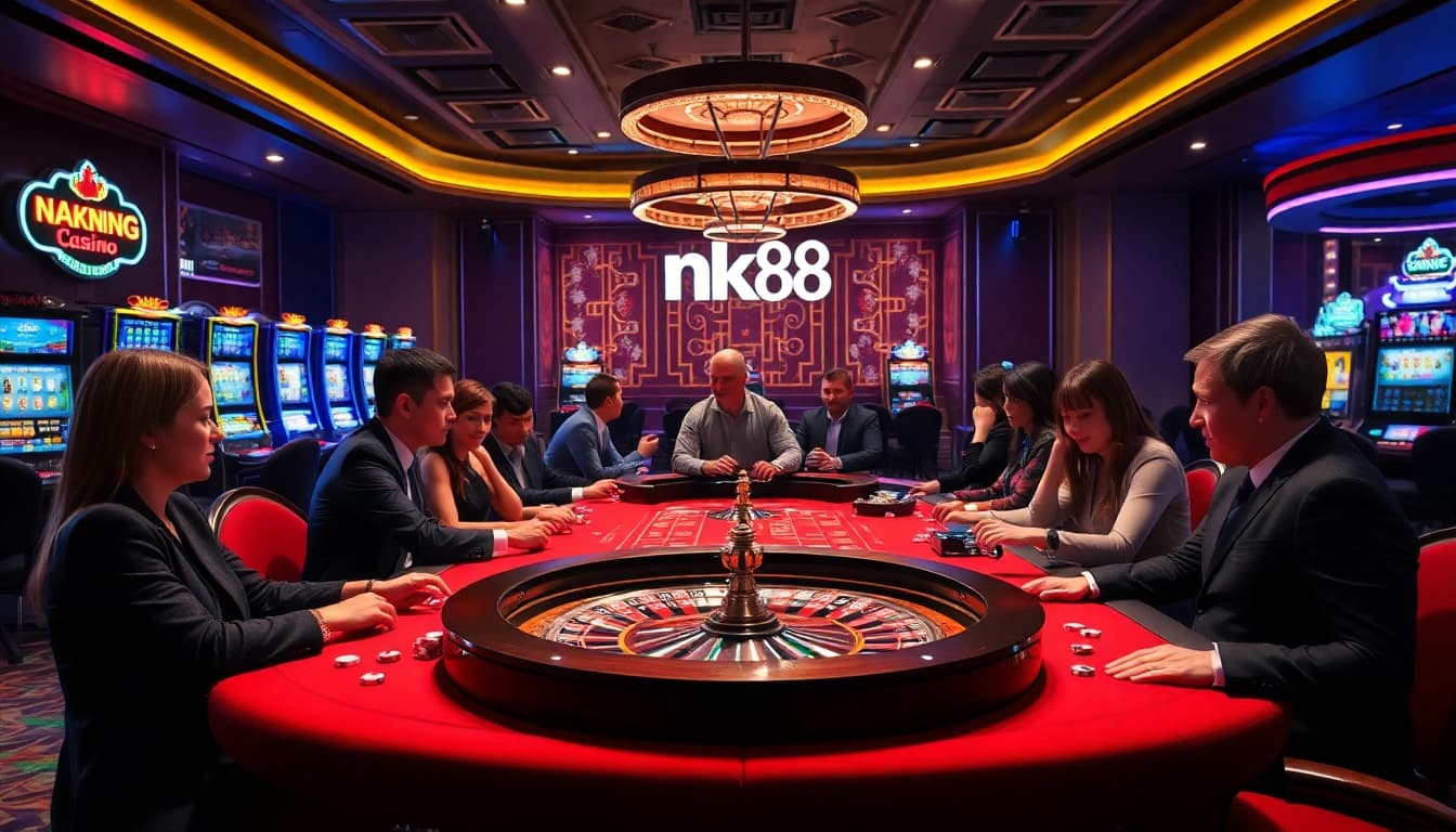 nk88 players enjoying an exciting poker game at a luxurious casino table with vibrant colors.