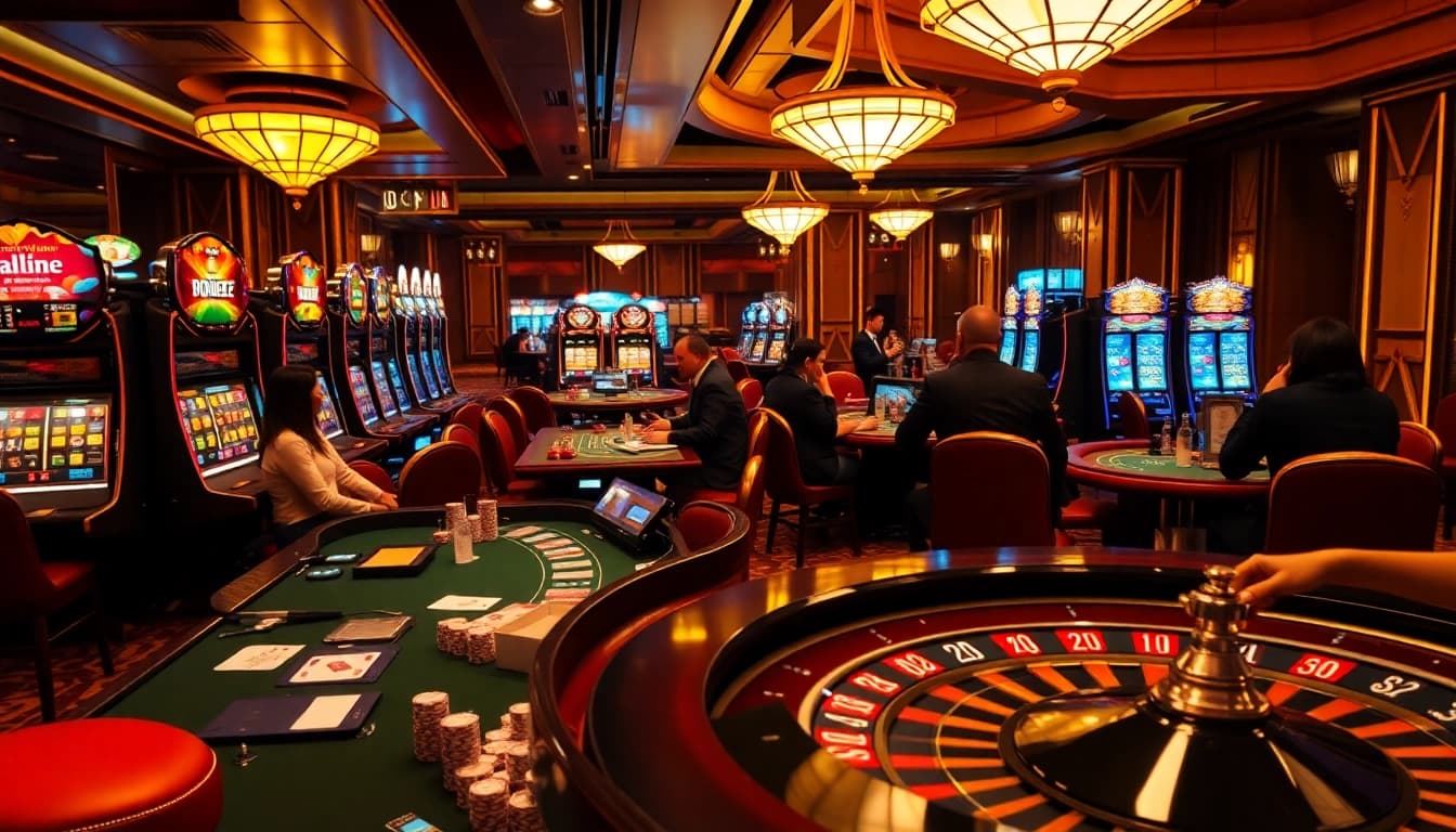 Experience the thrill of gaming at LC88.supply, featuring vibrant slot machines and excited players.