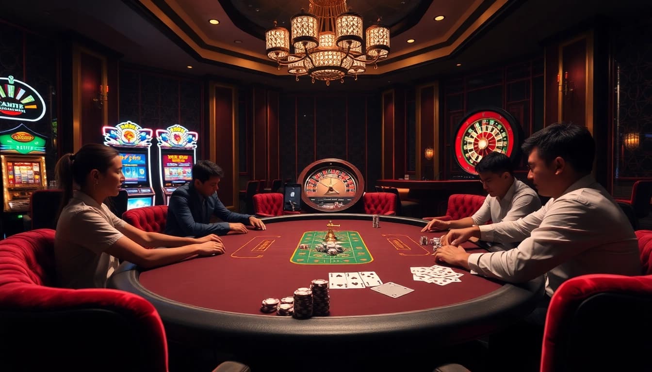 Experience thrilling poker action at QQMacan's luxurious gaming tables with vibrant casino elements.