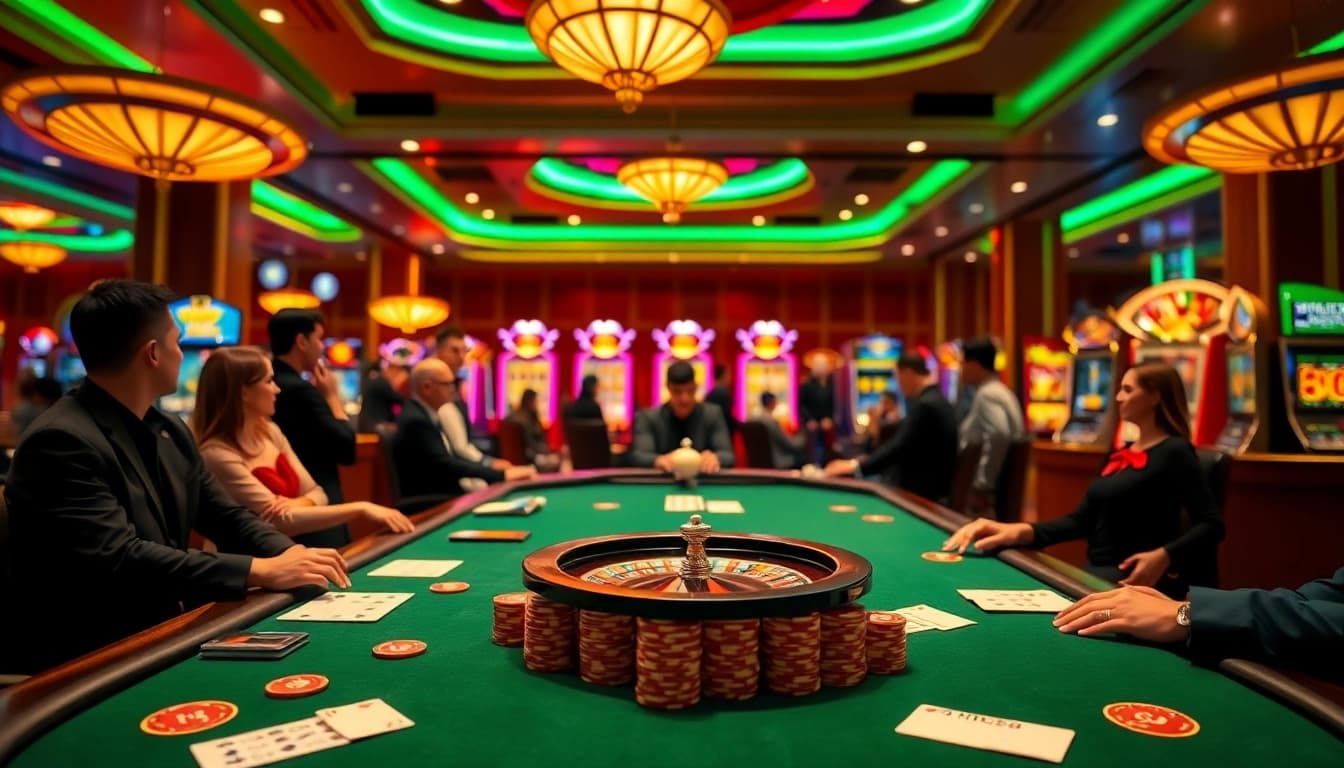 Experience exciting moments at New88's vibrant casino with players at a poker table amid luxury.