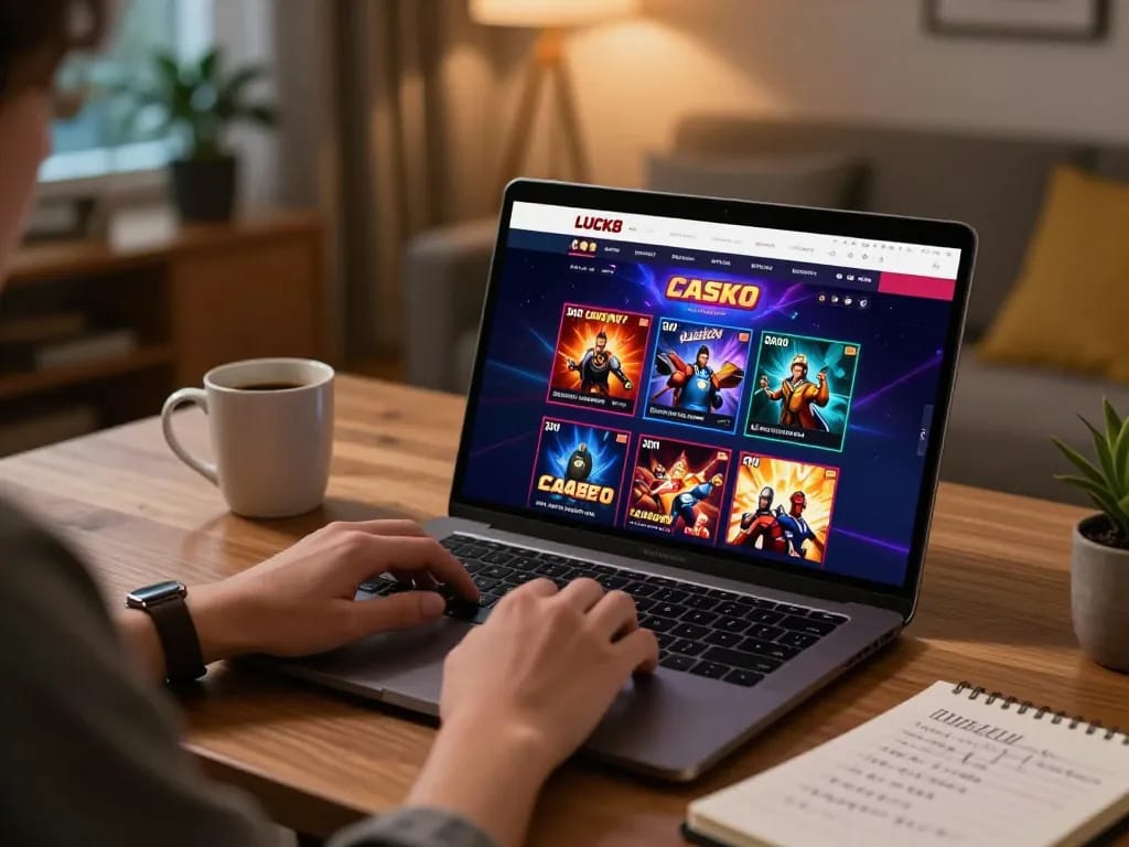 Engaging with LUCK8 casino website on a laptop at home, showcasing vibrant game interface and cozy atmosphere