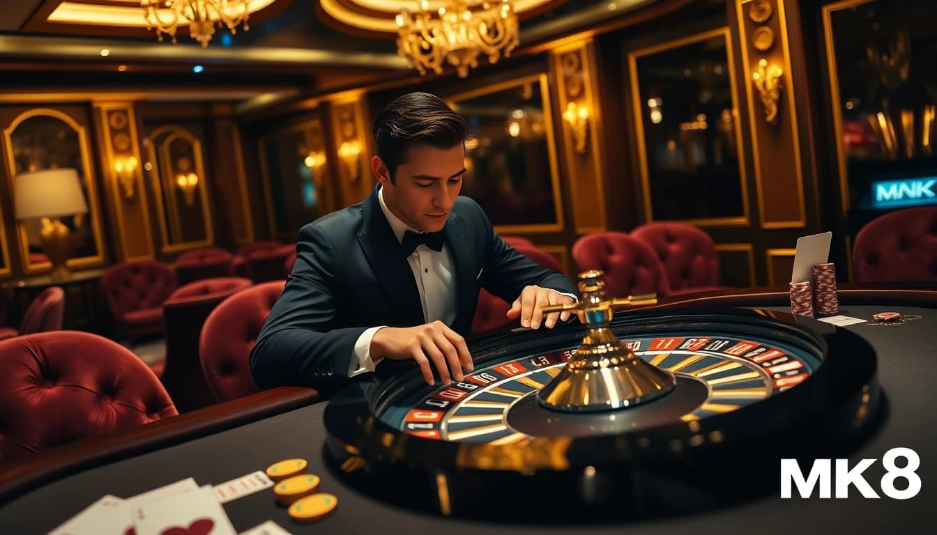 Experience excitement at an MK8 roulette table with vibrant chips and high-stakes action.