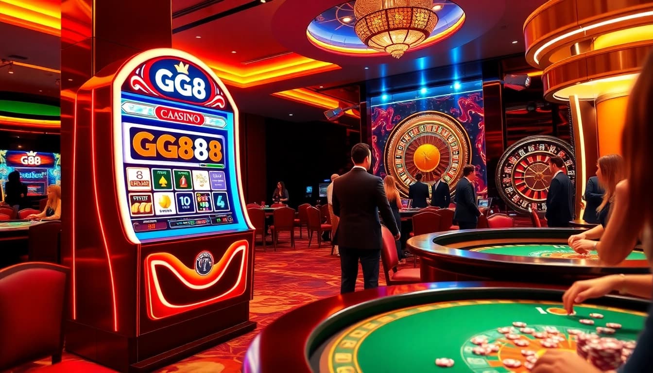 Players enjoying a thrilling gaming experience at the GG88 casino, featuring colorful slot machines and poker tables.