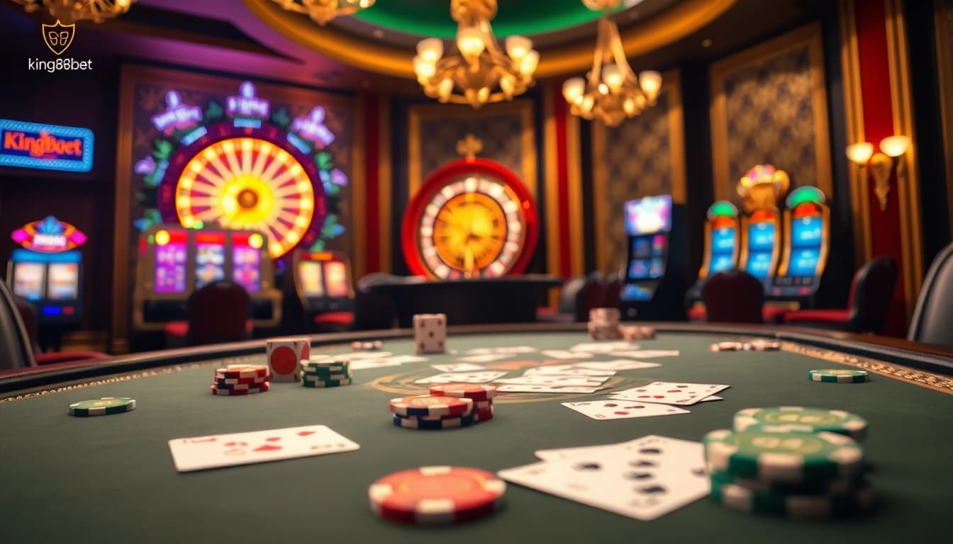Experience the thrill of king88bet at a luxurious casino table with poker chips and cards.