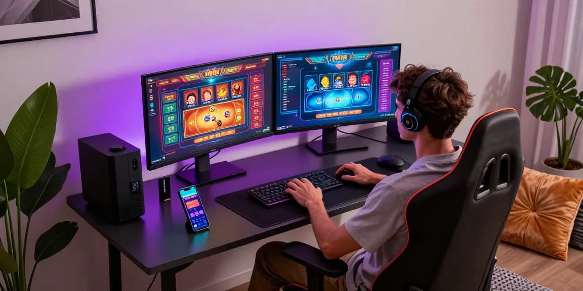 Experience iwin gaming in a luxurious modern setup with vibrant visuals and high-end equipment.