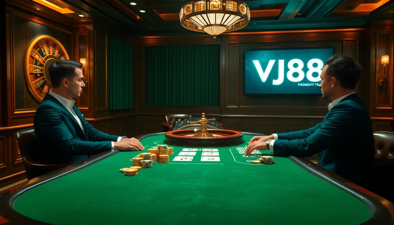 Gamblers engage in a high-stakes poker game at VJ88 casino, showcasing excitement and luxury.