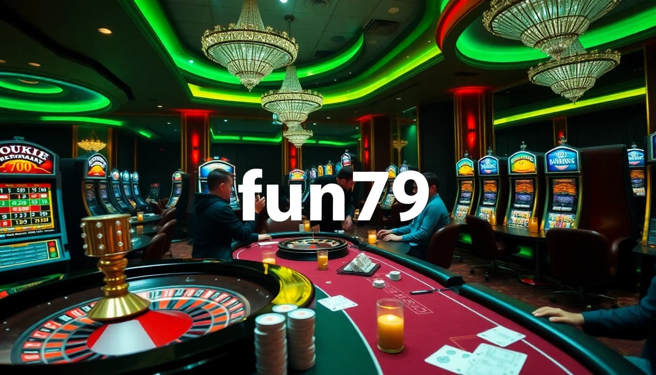Experience excitement at fun79's vibrant casino scene filled with poker tables, roulette wheels, and joyful players.