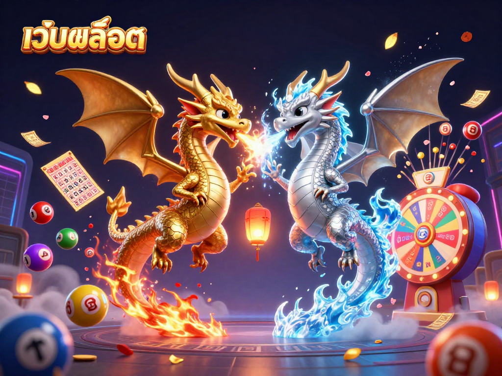 Experience exciting เว็บสล็อต action in this vibrant 3D casino illustration featuring dragons and lottery elements.