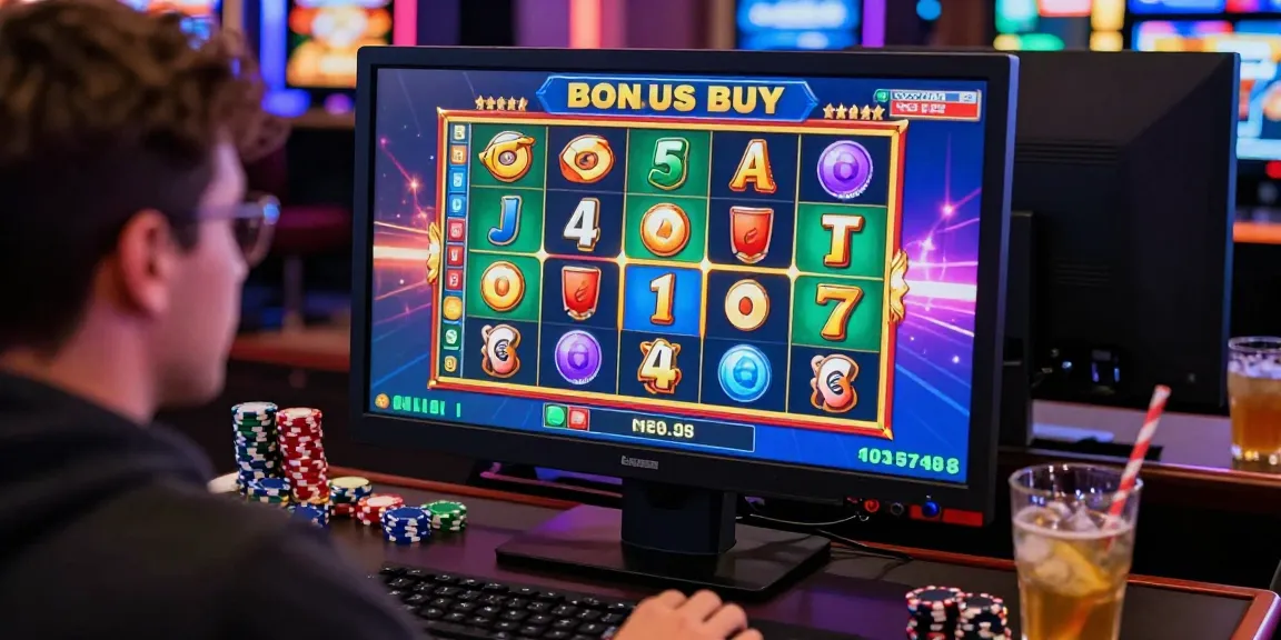 Player engaging with cocomaya buy feature slots on a vibrant online casino interface, surrounded by gaming elements.