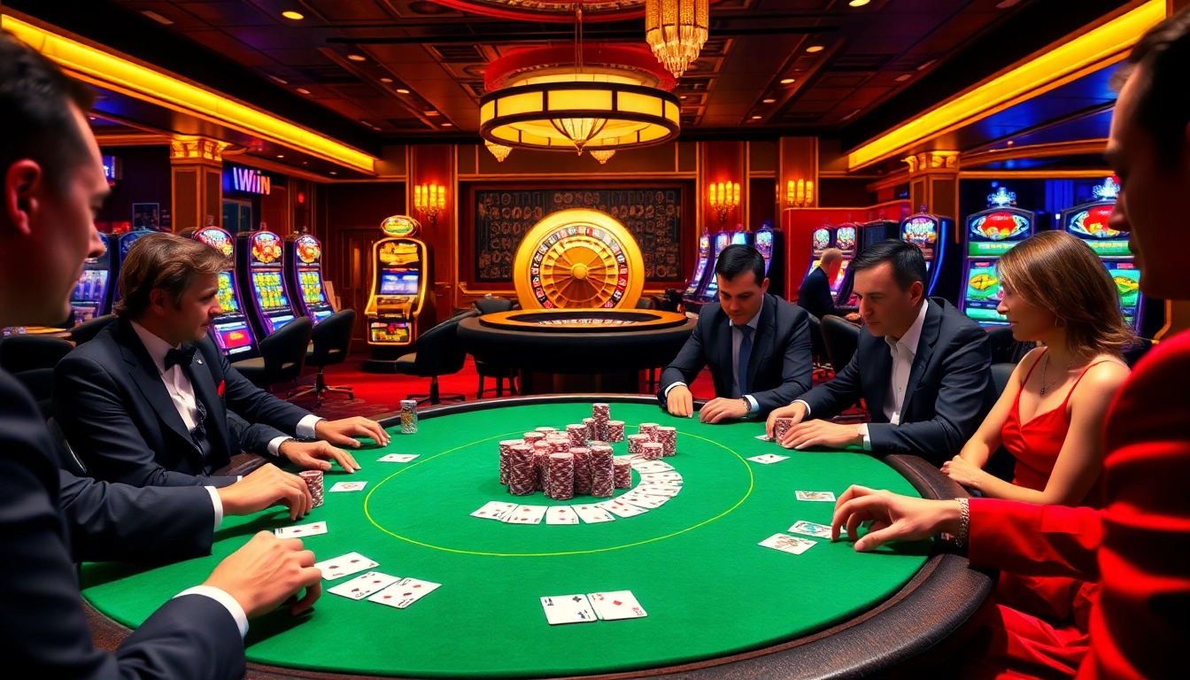iwin players enjoying a lively poker game in a luxurious casino setting