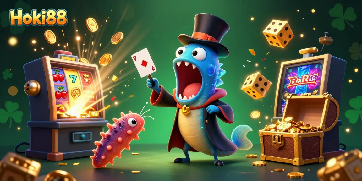 Hoki88 menampilkan ilustrasi kasino yang ceria dengan permainan slot dan karakter unik di latar belakang