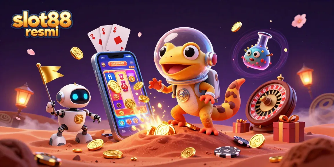 Experience thrilling jackpots at slot88 resmi casino with Martian gecko discovering the golden gaming treasure.
