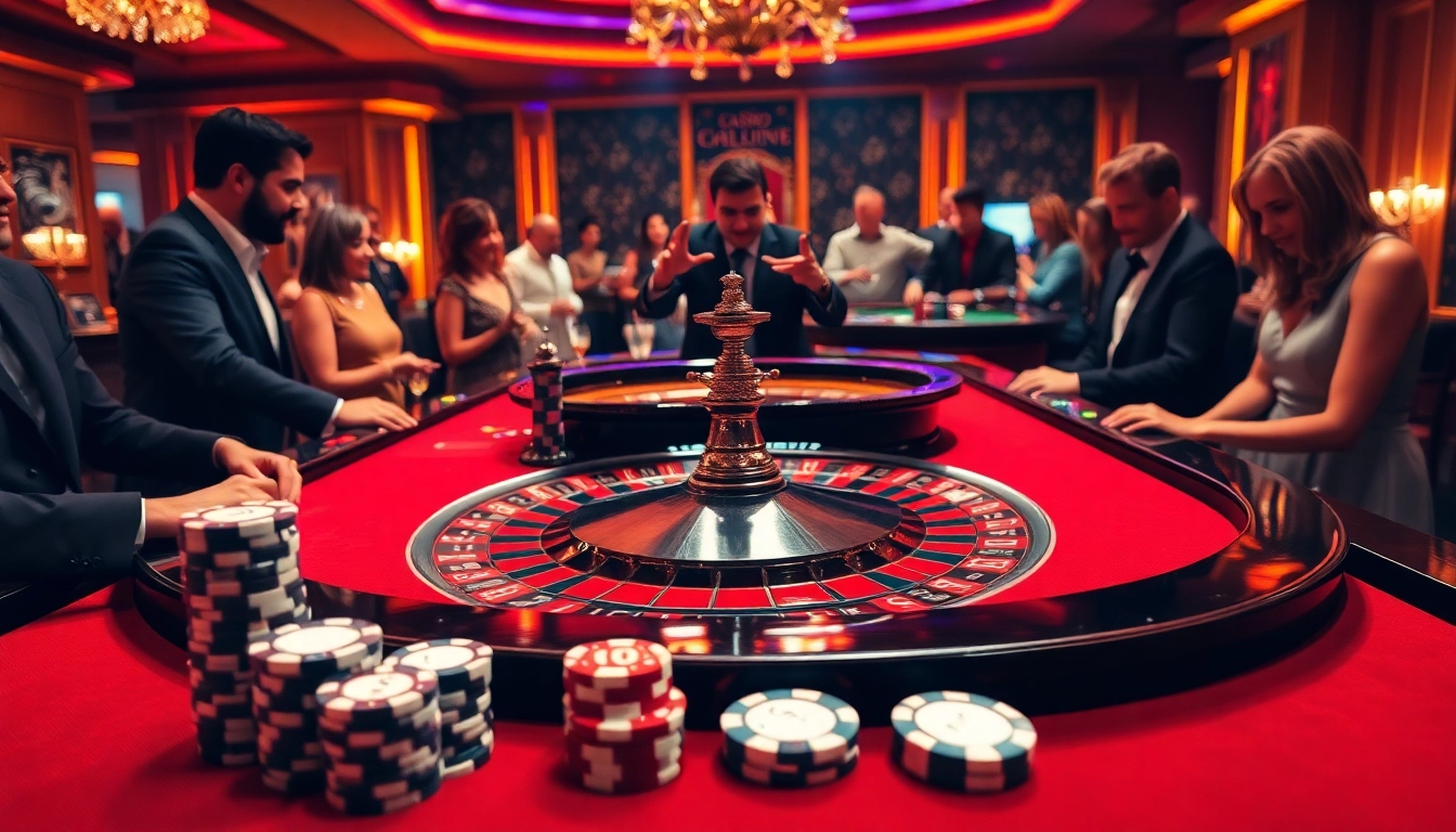 Exciting casino atmosphere with players at roulette and the keyword bk888 prominently featured.
