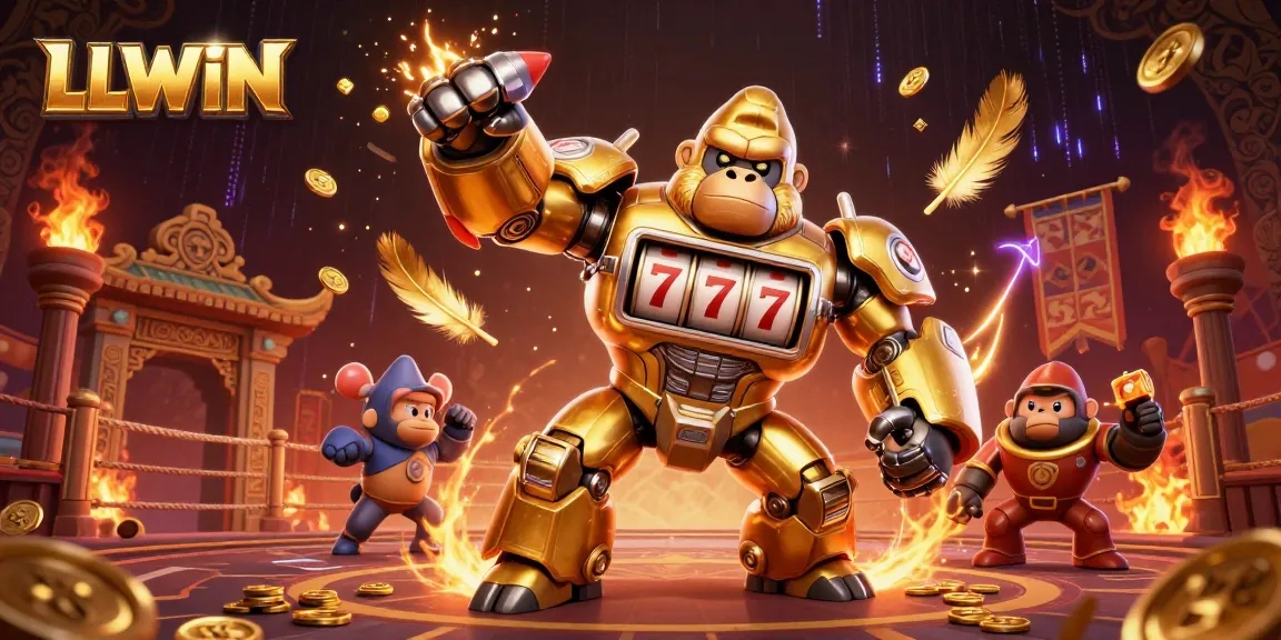 Experience excitement with LLWIN's golden gorilla mech, surrounded by vibrant casino elements and dynamic effects.