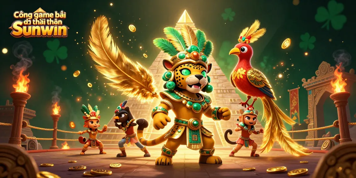 Cổng game bài đổi thưởng Sunwin showcases an exciting dynamic scene with a Mayan jaguar priest, a quetzal bird, and a golden pyramid amidst rich casino elements.