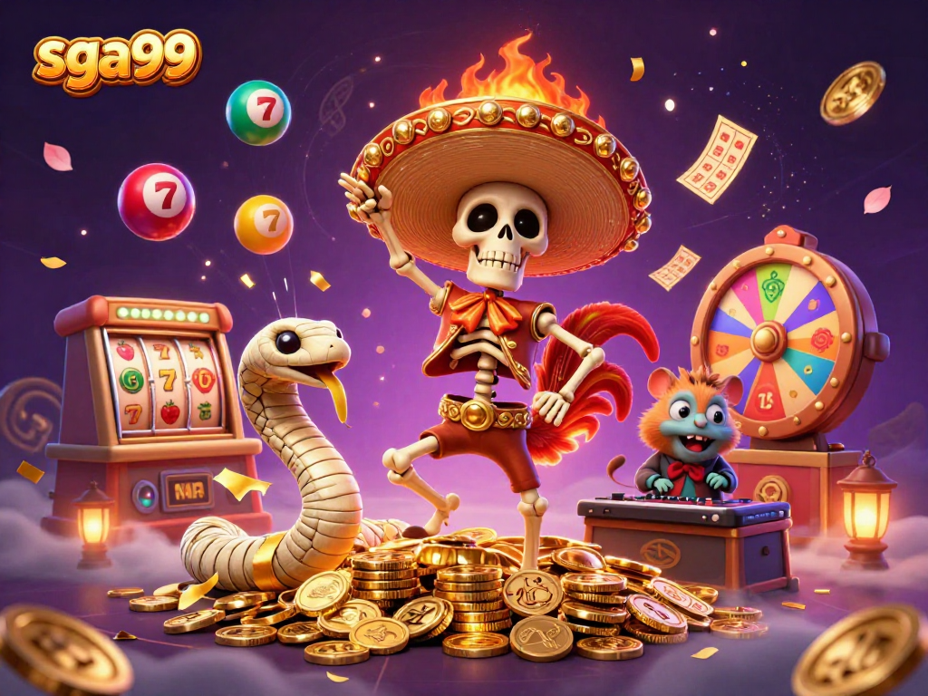 Engage in thrilling slot adventures with sga99's vibrant casino illustration featuring dynamic characters.