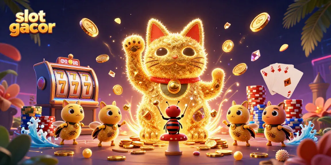 Spin the reels with slot gacor, surrounded by jubilant casino elements and vibrant energy.