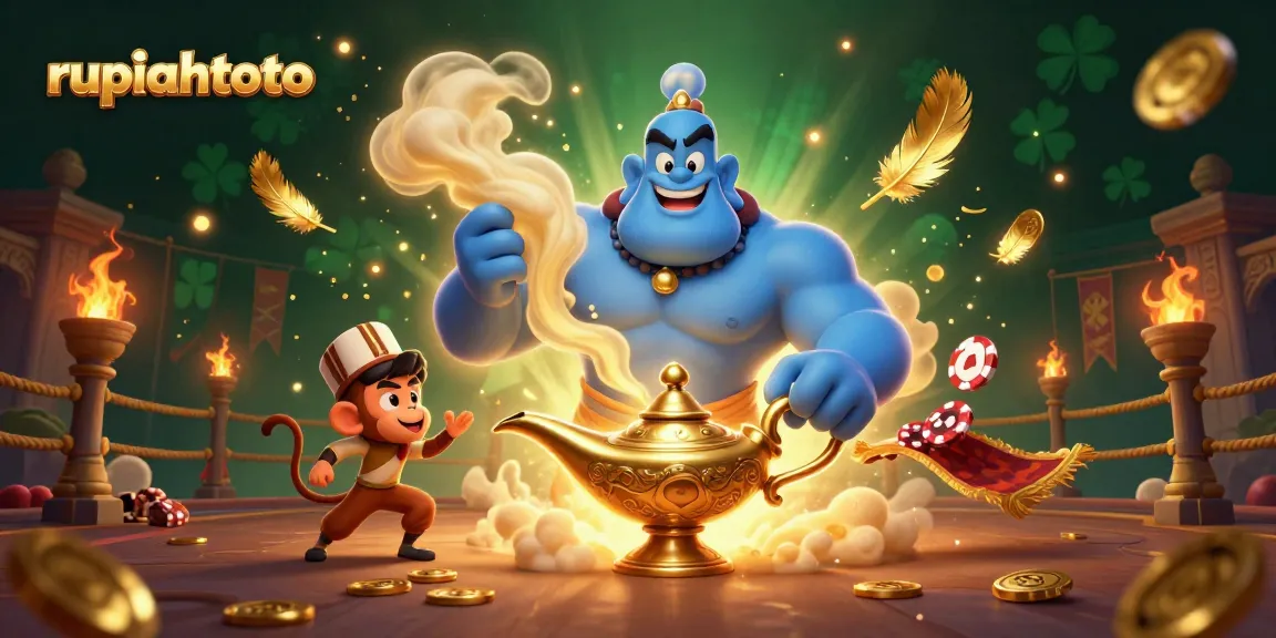 Menyaksikan permainan kasino luar biasa di rupiahtoto dengan lampu genie, koin emas, dan efek karakter magis.
