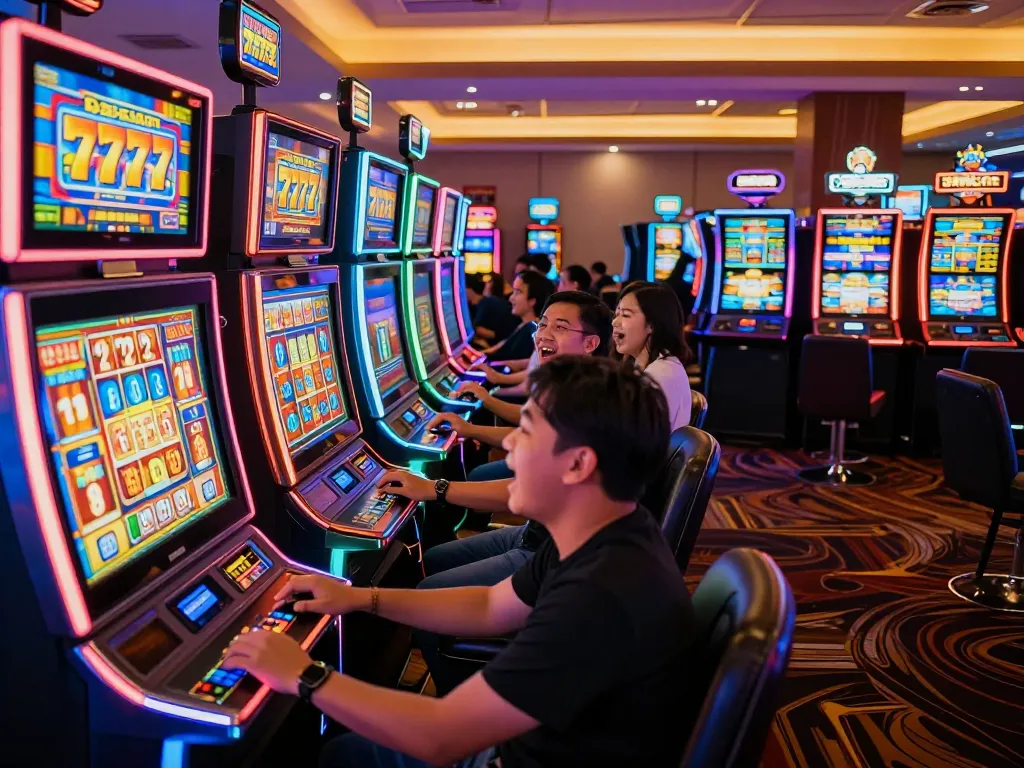 Players delightfully spinning slot gacor 777 machines in an illuminated casino setting.