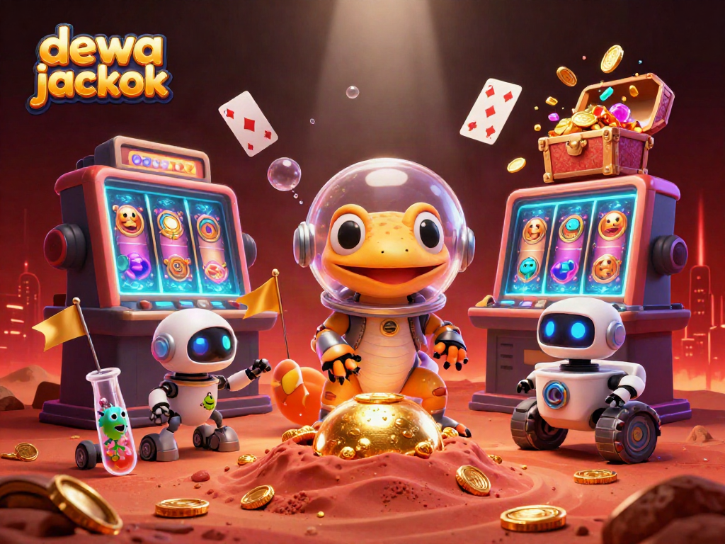 Gambarkan dewa jackpot dalam ilustrasi 3D mengungkapkan kasino emas dengan karakter Martian gecko