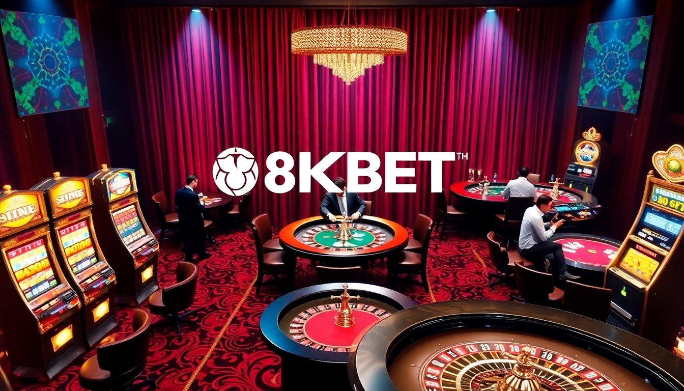 Experience excitement at 8KBET casino with vibrant games, poker tables, and luxurious decor.