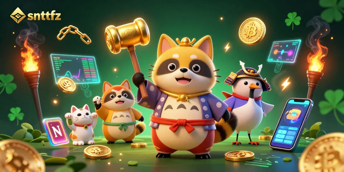 Play exciting games at snttfz, showcasing vibrant tanuki, crypto coins, and festival excitement.