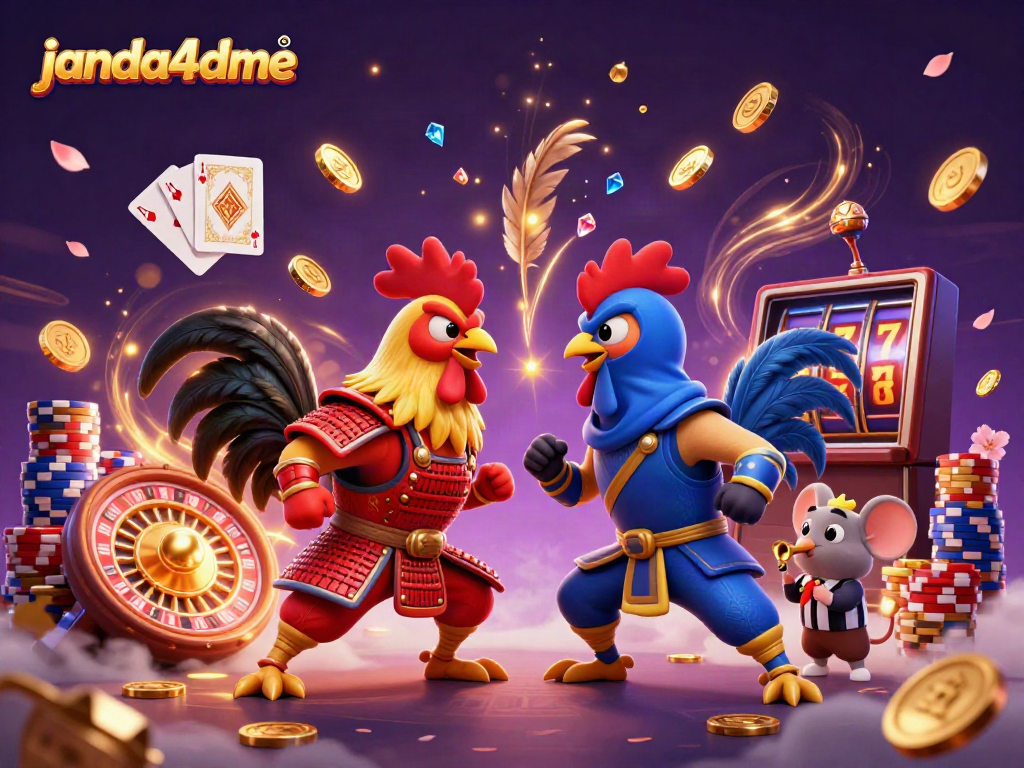 Janda4dme menampilkan pertempuran dramatis antara ayam jantan berarmor samurai dan ninja, dikelilingi koin emas.