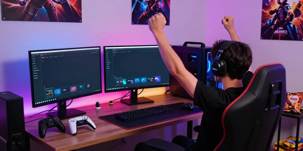 Gamer using akunjp platform on desktop computer, celebrating a win in a vibrant gaming setup.