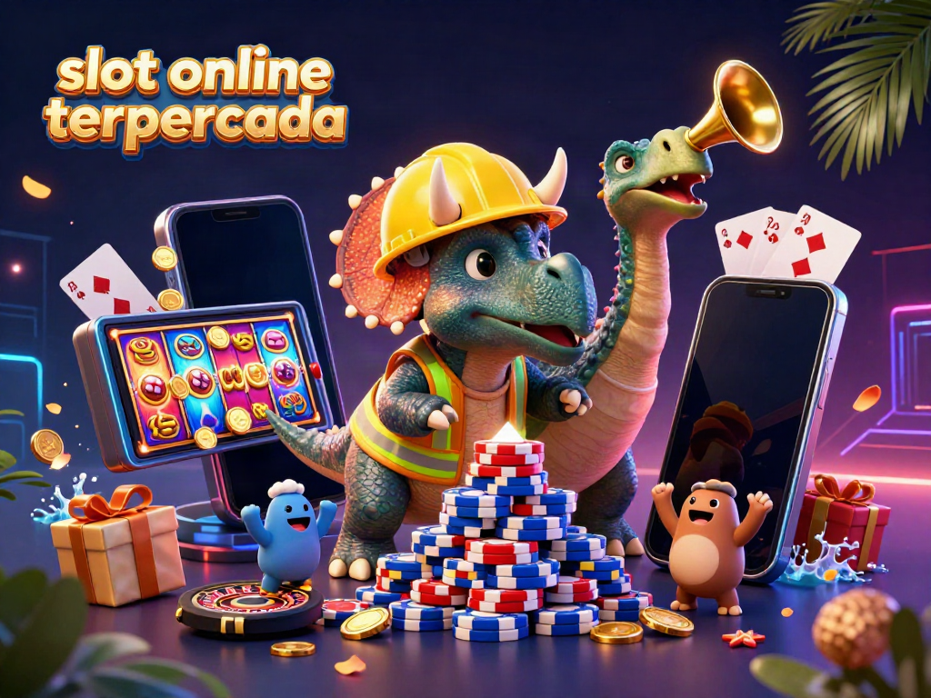 Slot online terpercaya dengan triceratops membangun tumpukan chip poker, merayakan kemenangan.