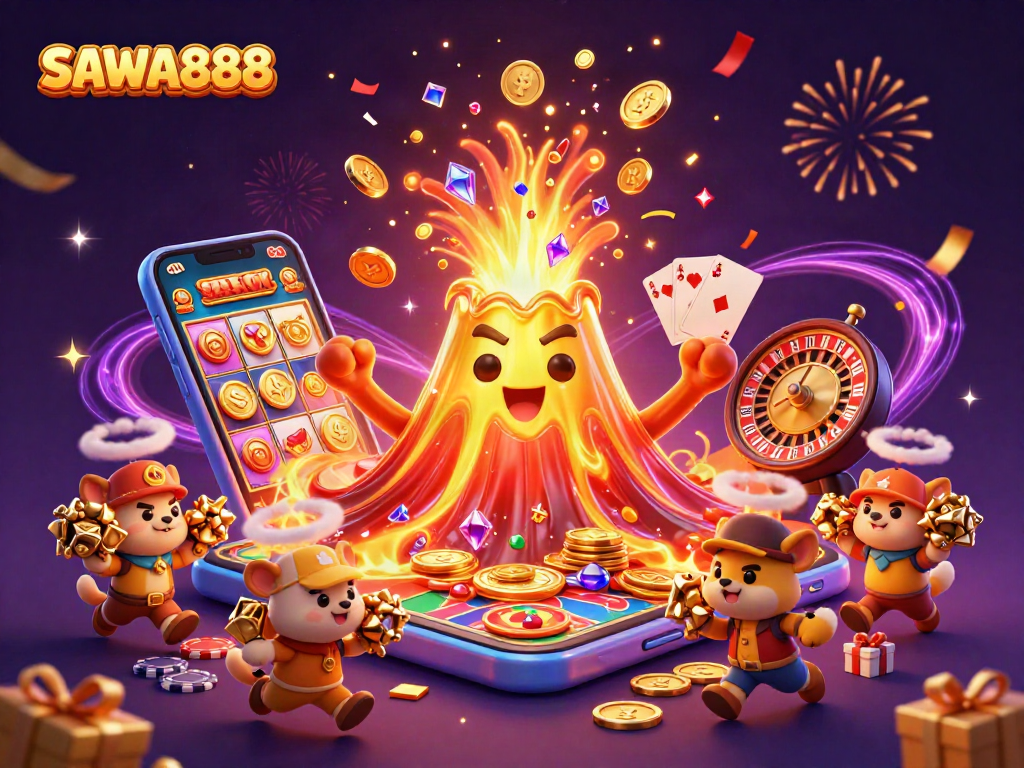 SAWA888 illustrates a golden volcano erupting coins and treasures, emphasizing casino excitement.