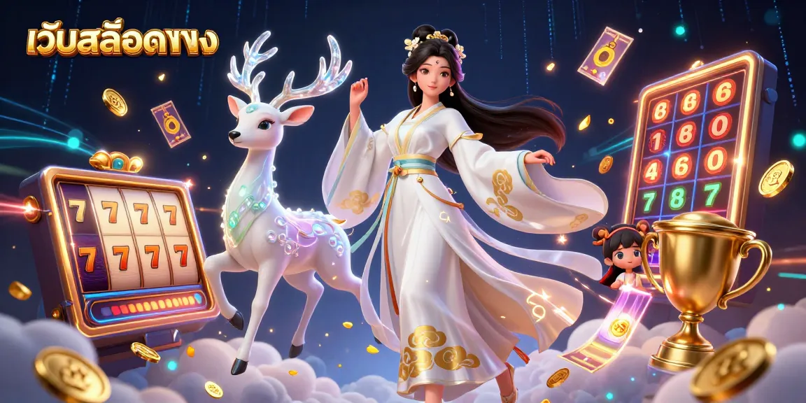 Engage with เว็บสล็อตตรง showcasing an Asian woman in elegant hanfu with vibrant slot elements.