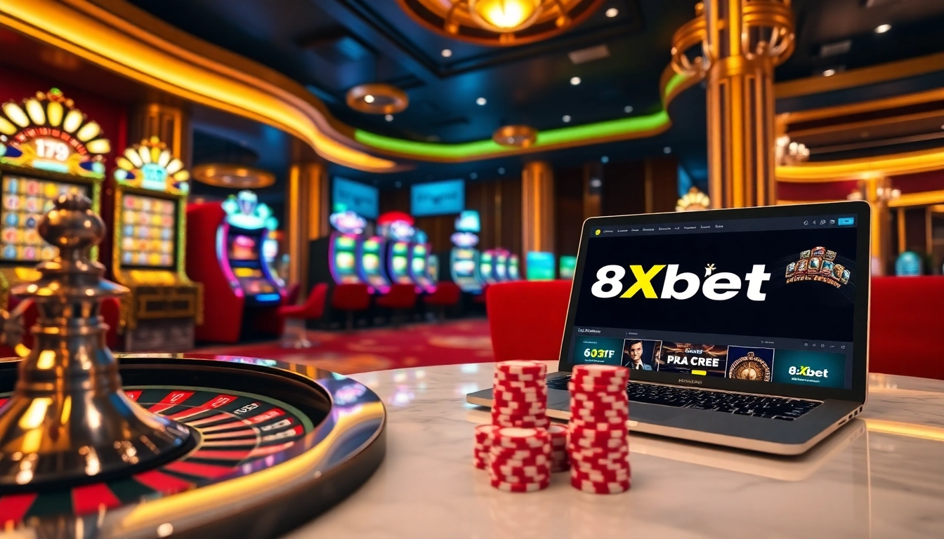 Experience the thrill of winning at 8Xbet with vibrant casino elements like roulette and slot machines.