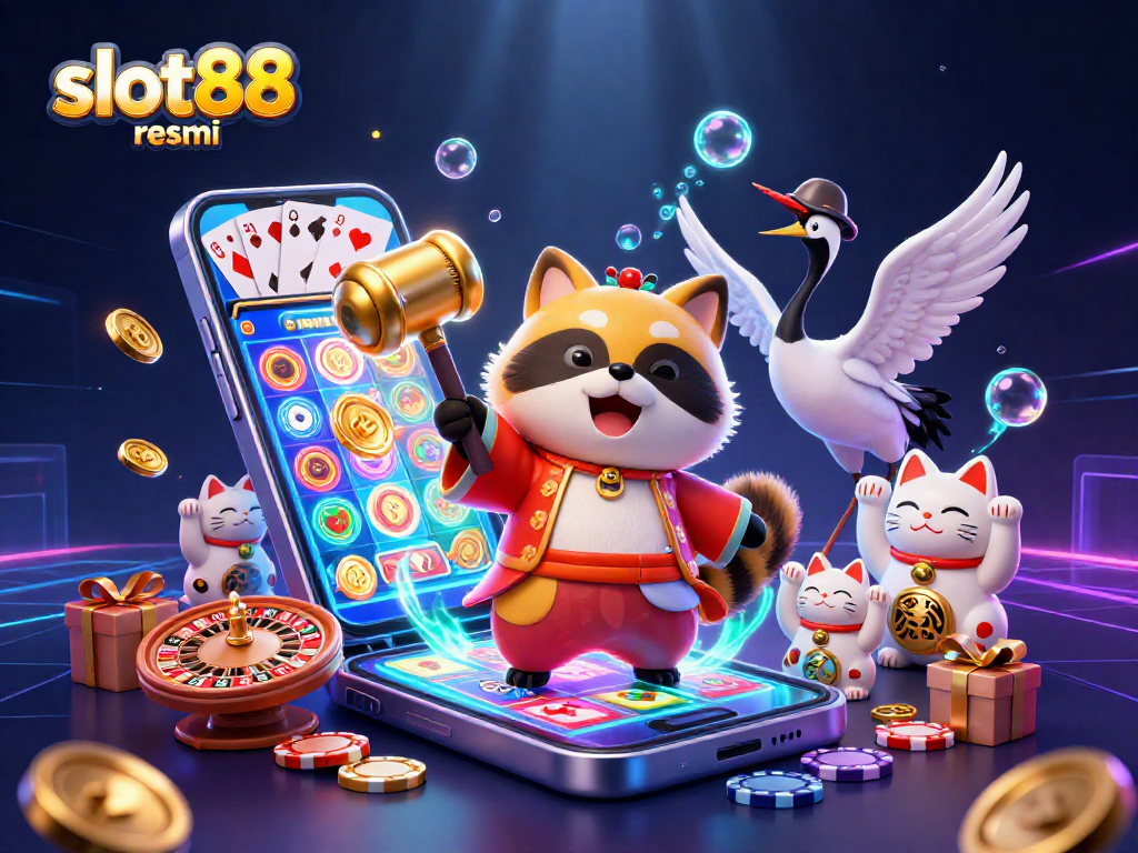 Engage with slot88 resmi through cheerful tanuki characters and a vibrant casino scene filled with exciting game elements.
