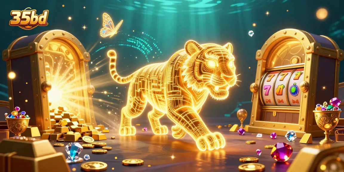 Experience exciting gambling adventures with 35bd's vibrant 3D casino illustration showcasing slot reels and golden treasures.
