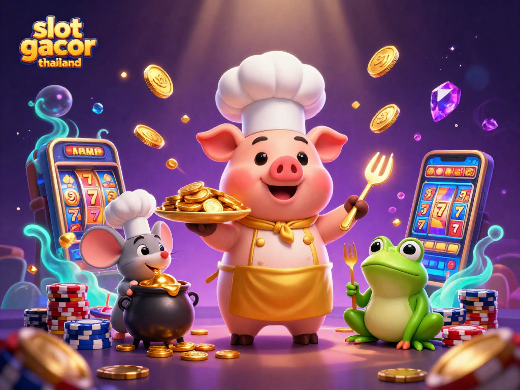 Play slots with slot gacor thailand featuring a gourmet chef pig and vibrant casino elements.