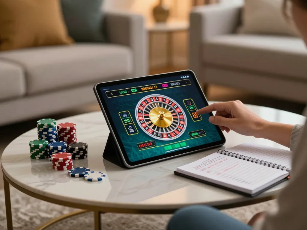 Playing live roulette on a tablet in cozy living room, highlighting non gamstop gaming options.