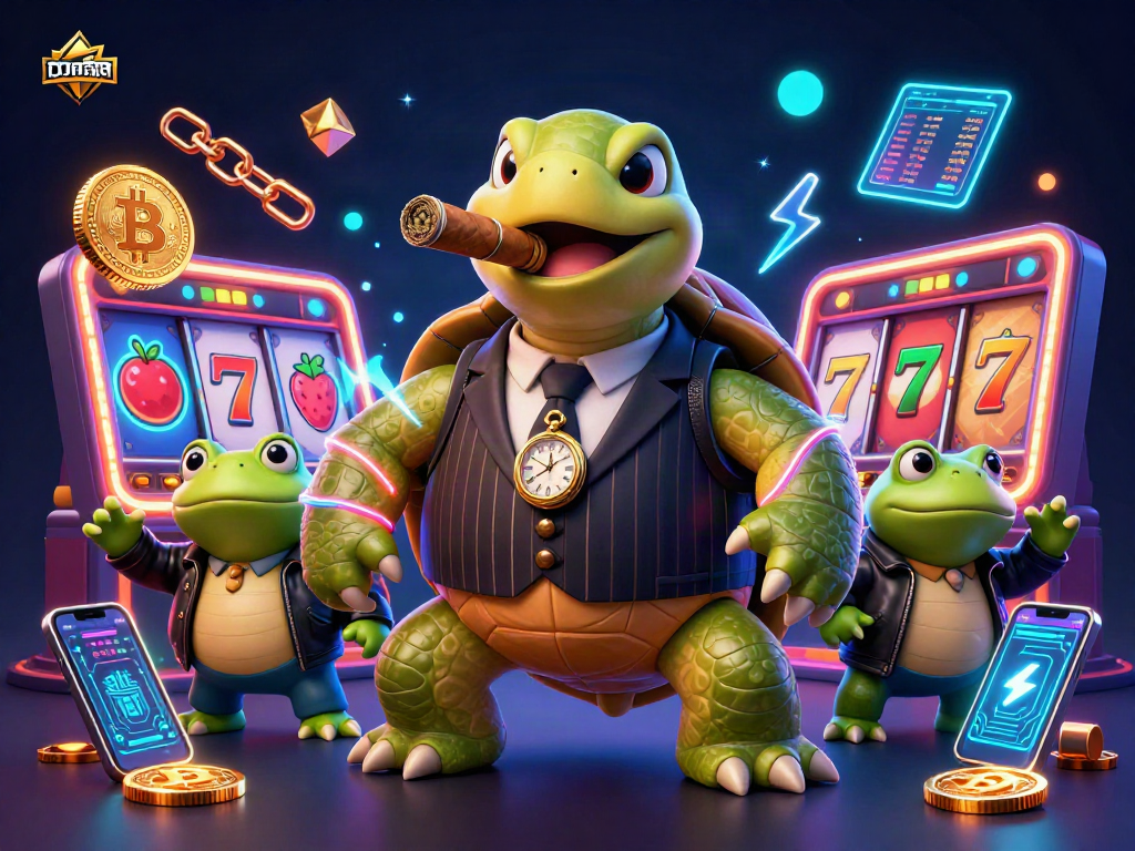 Spin classic เว็บสล็อต reels with a stylish mobster turtle and enforcer bullfrogs in a vibrant casino scene.