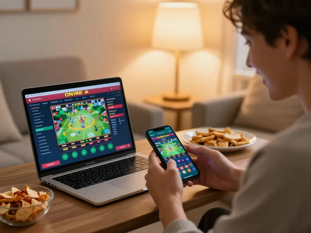 Engaging in online betting on bk8 platform while relaxing at home, showing smartphone and laptop gameplay